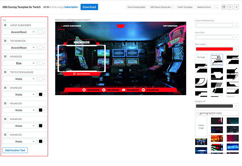 To create OBS stream overlays use the OBS overlay maker to customise the template youve chosen
